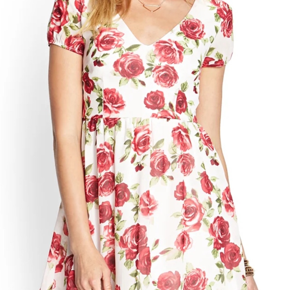 Blu Pepper Pink and Red Floral Puff Sleeve Mini Dress